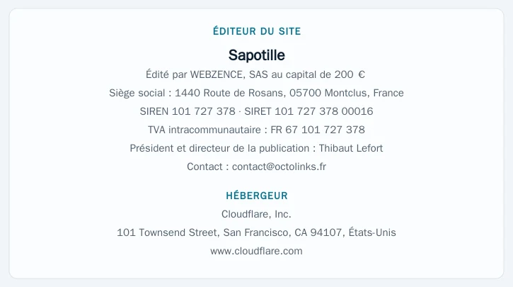 Coordonnées légales de l&rsquo;éditeur et de l&rsquo;hébergeur du site