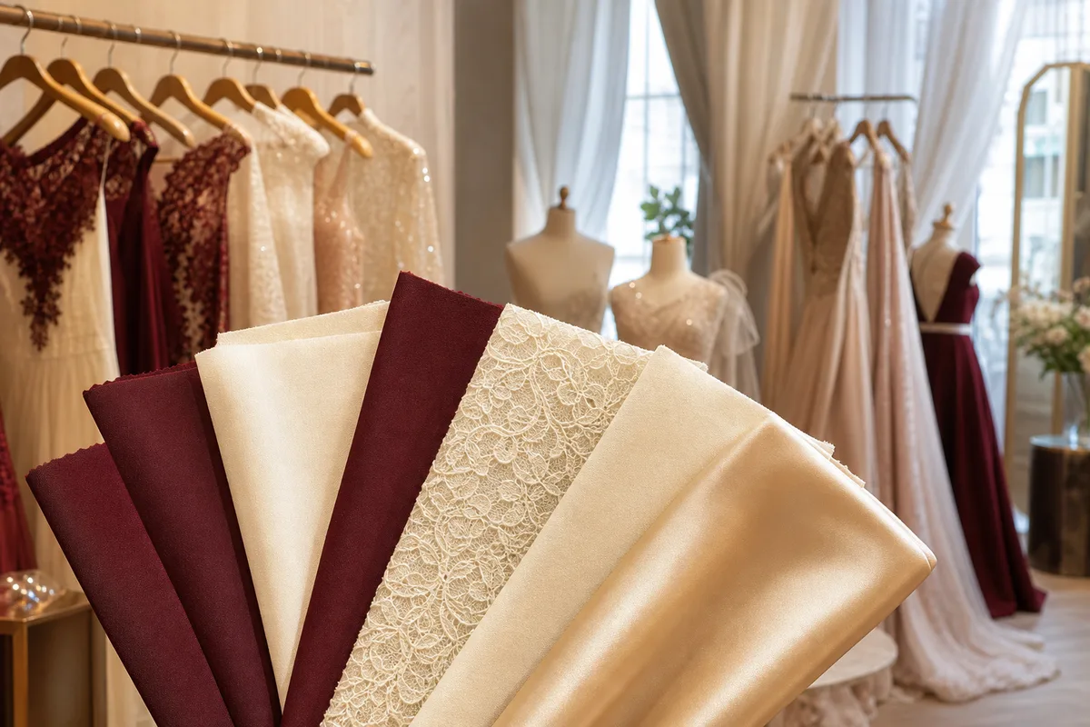 Échantillons de tissus variés, crêpe, dentelle et satin, disposés en éventail