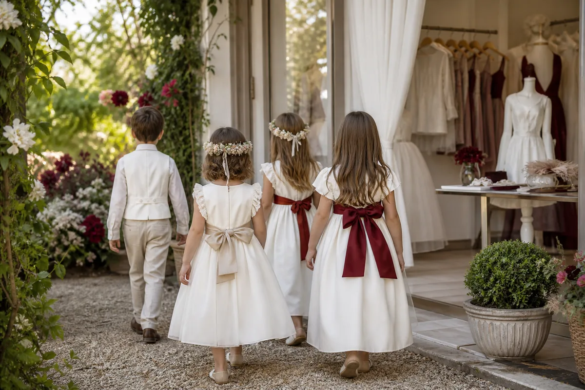 Enfants de cortège en tenues claires assortis, vue de dos dans un jardin