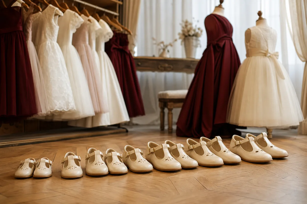 Chaussures d&rsquo;enfants en cuir clair alignées sur un parquet, tailles croissantes