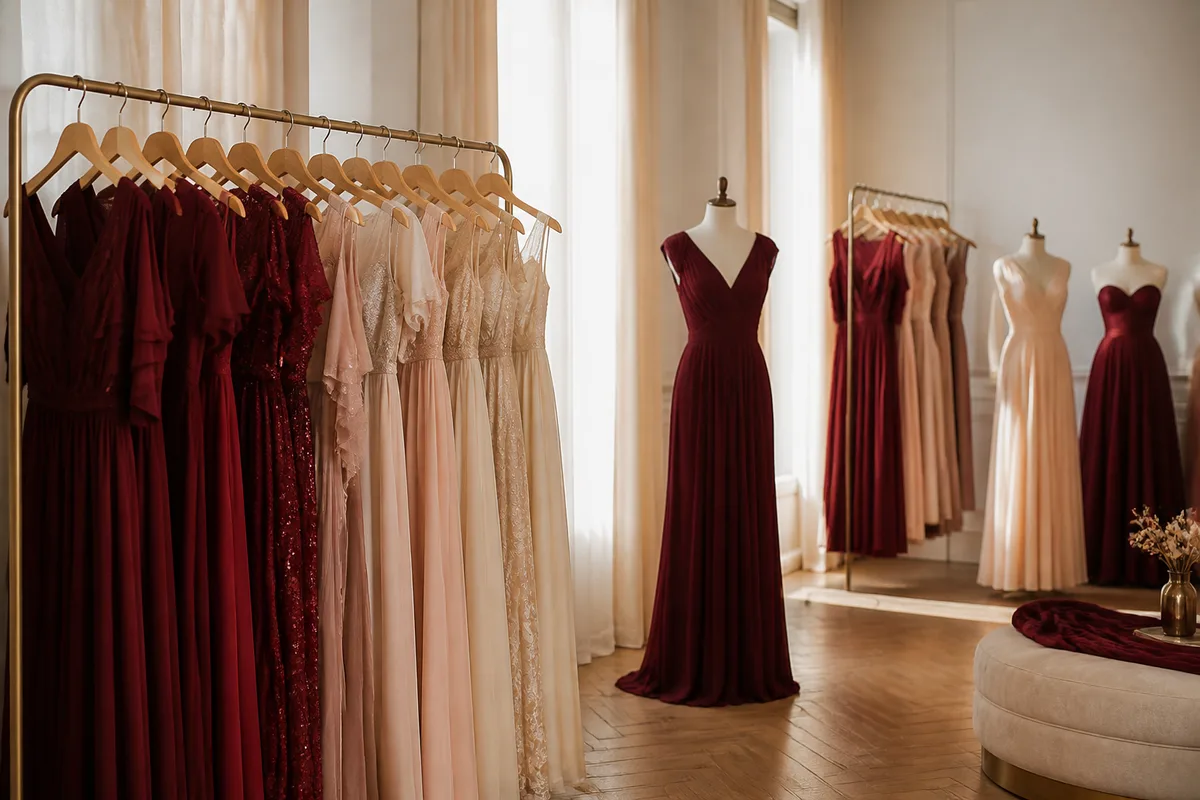Portants de robes de cérémonie dans un espace de vente lumineux et sobre