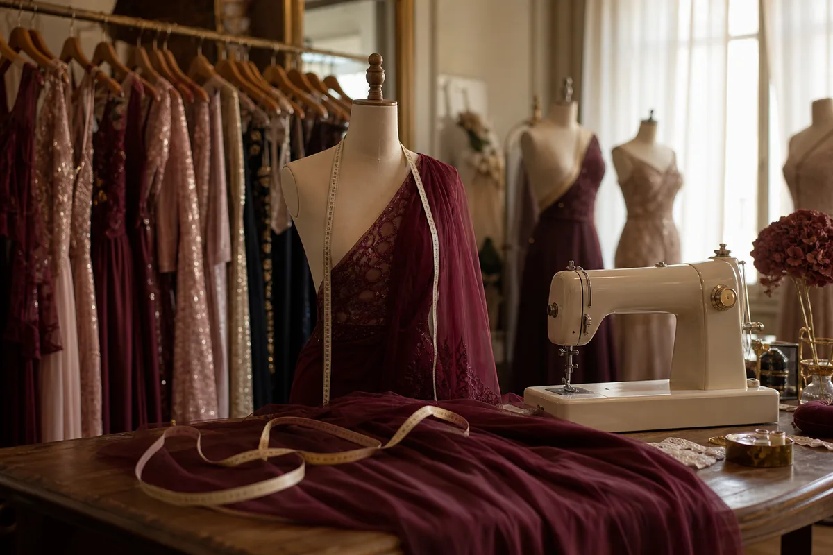 Atelier de retouche avec mannequin, mètre ruban et machine à coudre