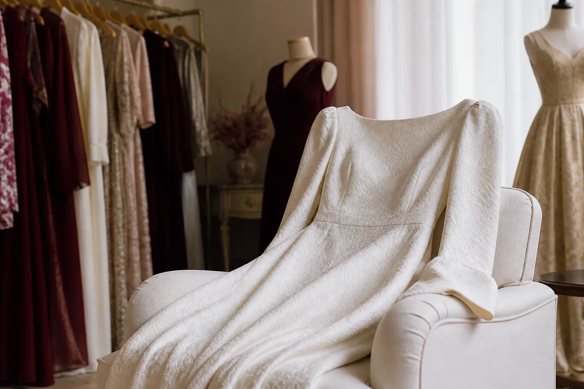 Robe longue ivoire posée sur un fauteuil clair, tissu texturé en lumière naturelle