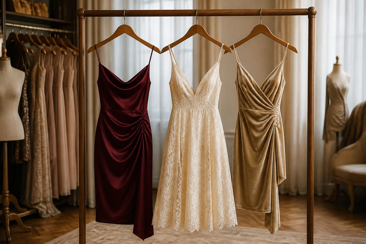 Trois robes de cocktail suspendues sur un portant en bois, longueurs et matières contrastées