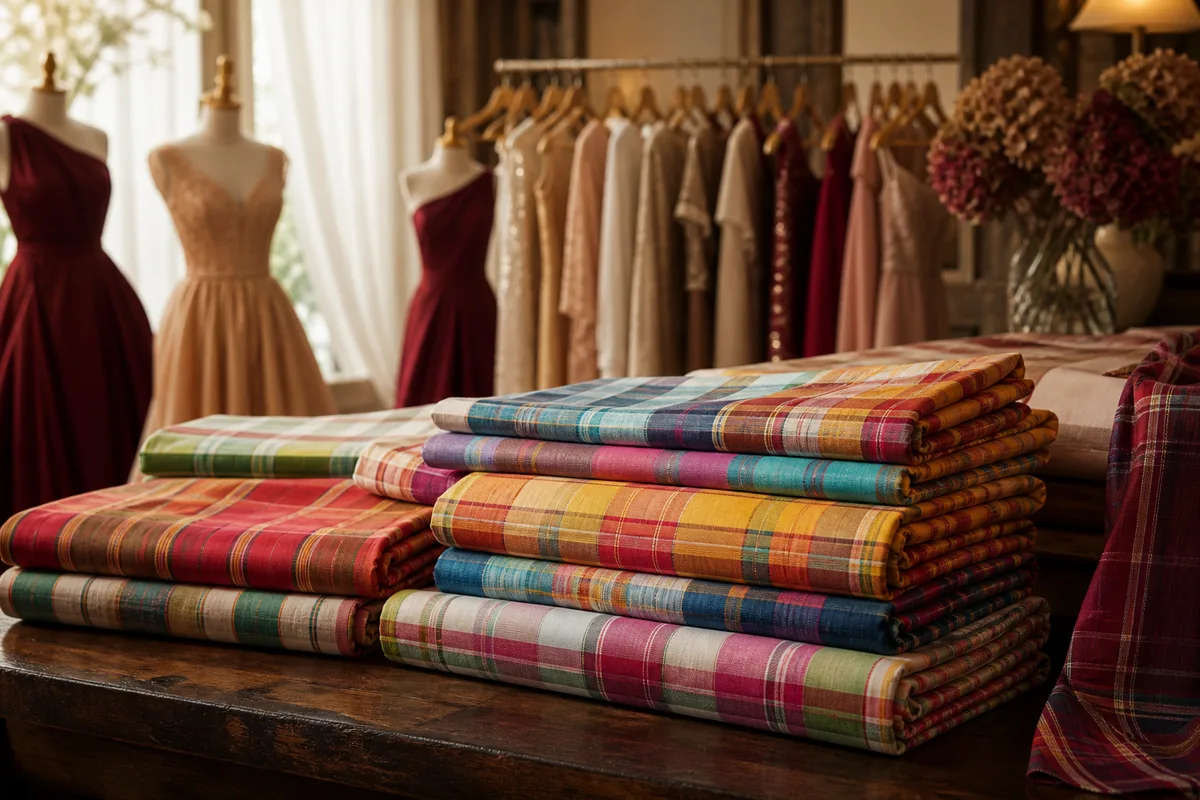 Tissus madras à carreaux colorés pliés et empilés sur une table en bois