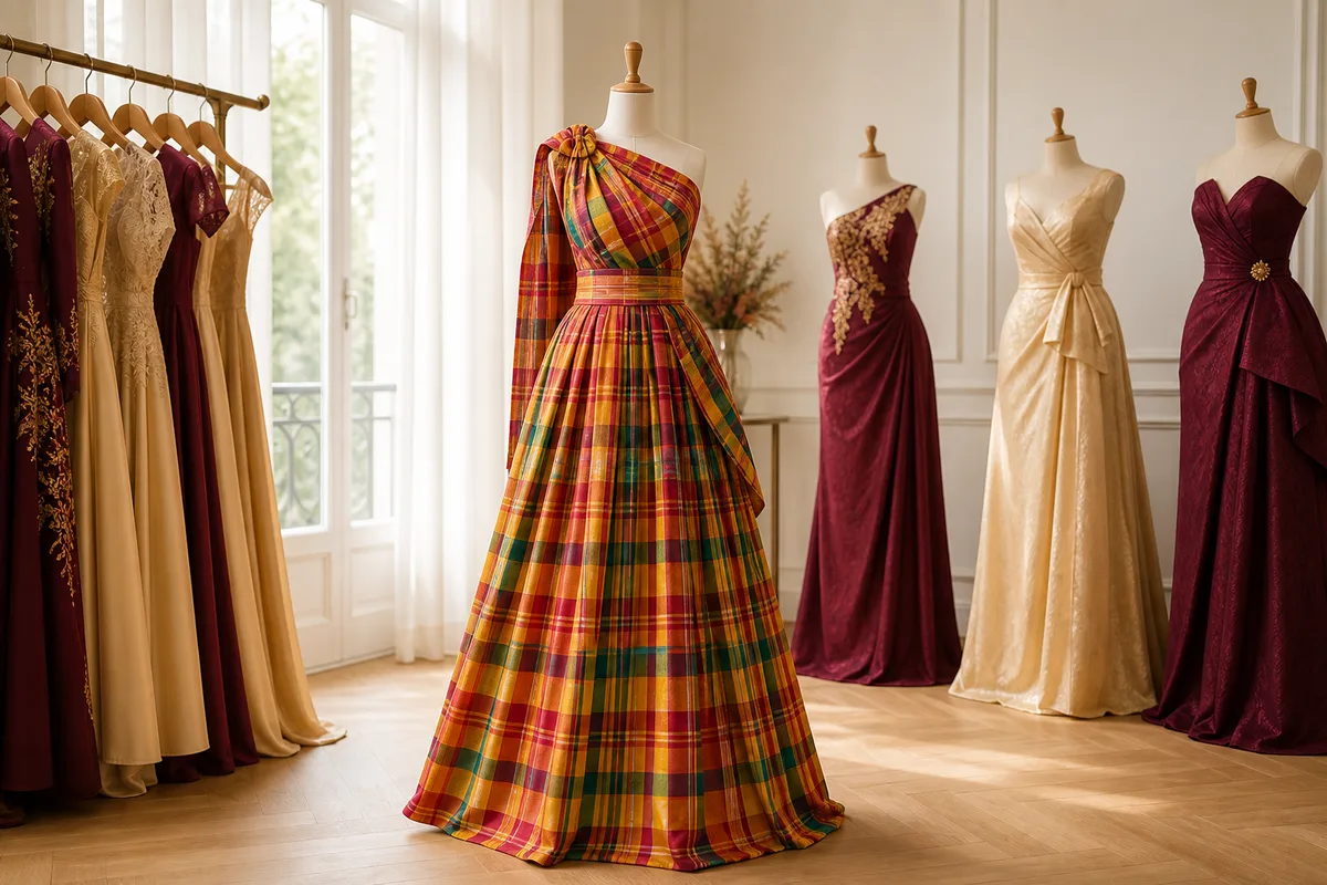 Robe longue en madras présentée sur un mannequin dans une salle claire