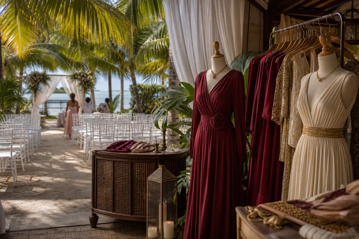 Cérémonie en plein air sous les palmiers, chaises blanches et lumière tropicale