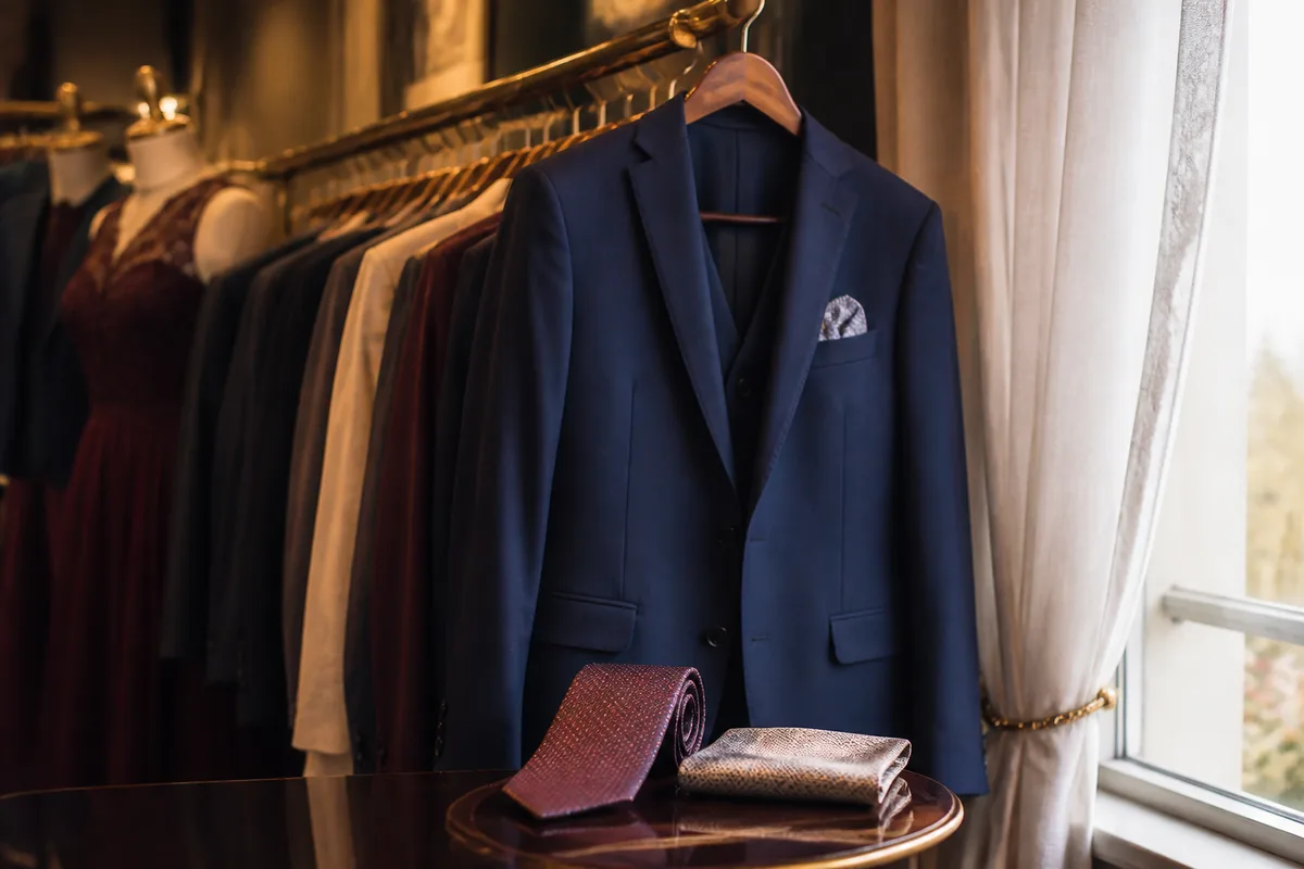 Costume bleu nuit accroché près d&rsquo;une fenêtre, cravate et pochette posées devant